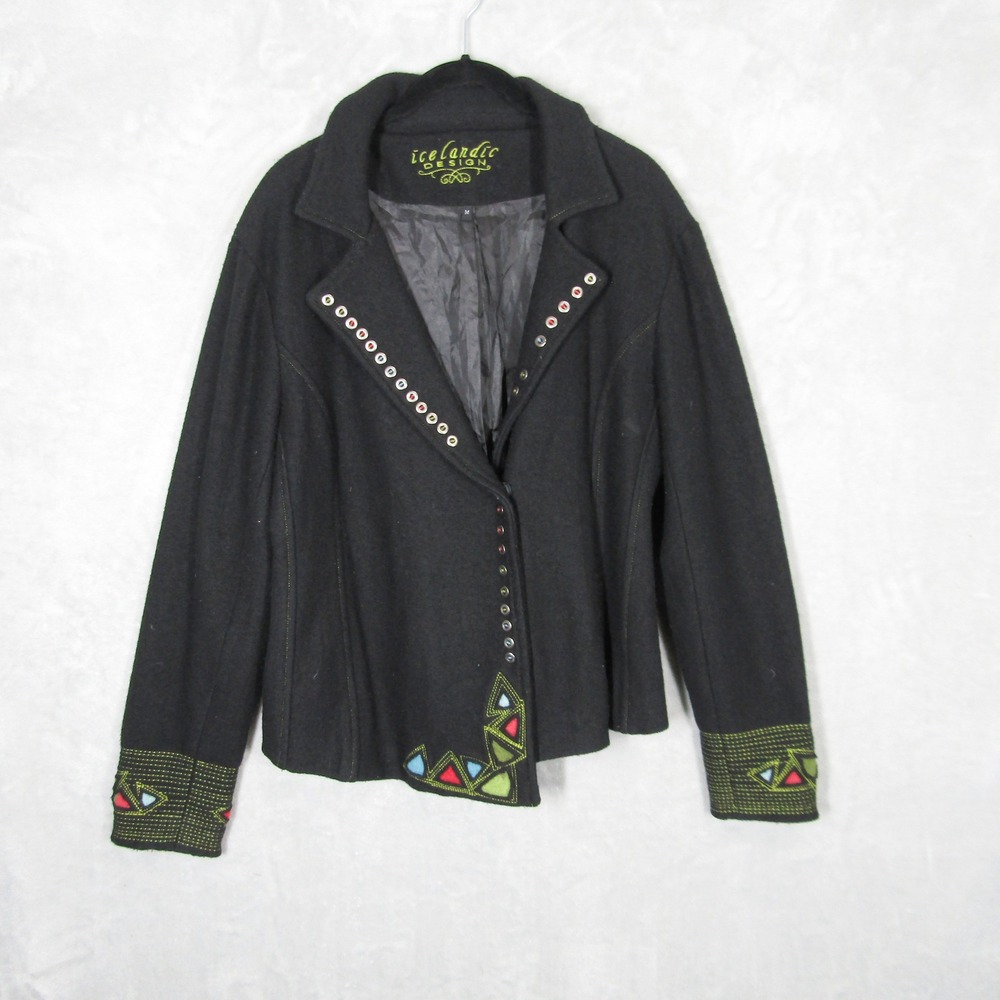 Icelandic Design Black Wool Blend Jacket Women's Medium Geometric Trim Buttons